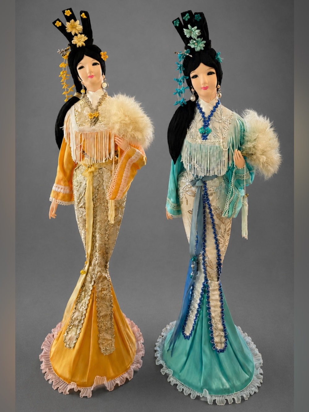 Pair of 60s large (27") Asian souvenir decorator pieces. Hollywood Regency.